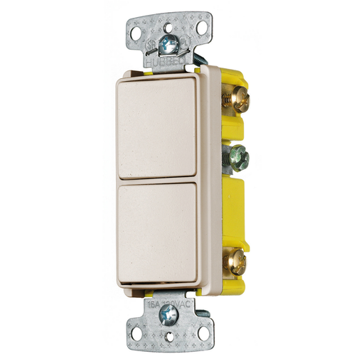 Switches and Lighting Controls, Combination Devices, Residential Grade, Decorator Series, 2) Single Pole Rockers, 15A 120V AC, Side Wired, Light Almond