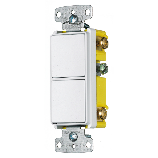 Switches and Lighting Controls, Combination Devices, Residential Grade, Decorator Series, 2) Single Pole Rockers, 15A 120V AC, Side Wired, White