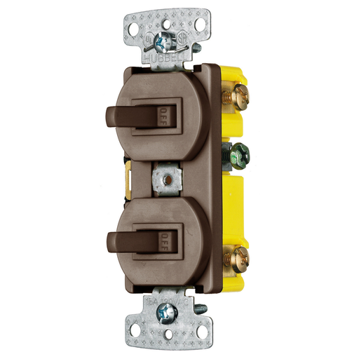 Switches and Lighting Controls, Combination Devices, Residential Grade, 1) Single Pole Toggle, 1) Three Way Toggle, 15A 120V AC, Self Grounding , Side Wired, Brown
