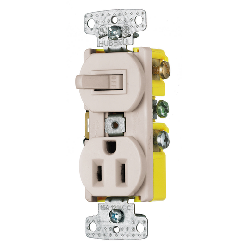 Switches and Lighting Controls, Combination Devices, Residential Grade, 1) Single Pole Toggle, 1) Single Receptacle, 15A 120V AC, Self Grounding, Side Wired, Light Almond