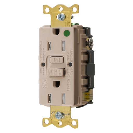 Straight Blade Devices, Receptacle, GFCI, Tamper and Weather Resistant, Commercial Hospital Grade, Self Test, 15A 125V, 2-Pole 3-Wire Grounding, 5-15R, Almond