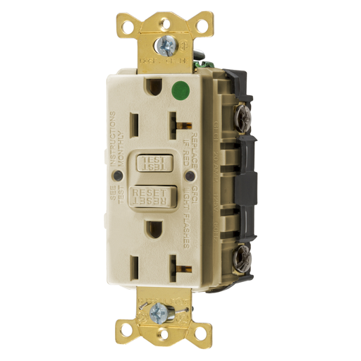 Straight Blade Devices, Receptacle, GFCI, Commercial Hospital Grade, Self Test, 20A 125V, 2-Pole 3-WireGrounding, 5-20R, Ivory