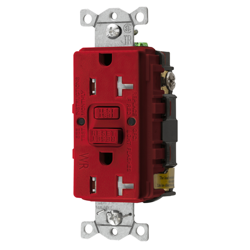 Power Protection Devices, Receptacle, Self Test, GFCI, TRWR, Commercial Grade, 20A 125V, 2-Pole 3-Wire Grounding, 5-20R, Red