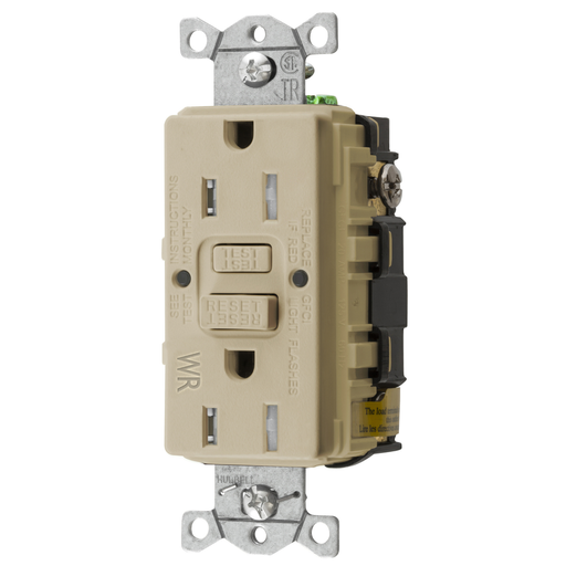 Power Protection Devices, Receptacle, Self Test, GFCI, TRWR, Commercial Grade, 15A 125V, 2-Pole 3-Wire Grounding, 5-15R, Ivory