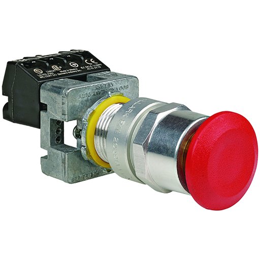 G Series - Aluminum Short Momentary Contact Single Push/Pull Button Operator - Red Mushroom Button With Blank Nameplate - 1NO/1NC Contact Rating