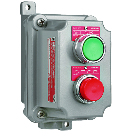 FXCS Series - Aluminum Dead-End Momentary Contact Double Push Button Control Station - Factory Sealed - Red And Green Buttons With "Start"Nameplates - Hub Size 1/2 Inch - 1NO/1NC Contact Rating
