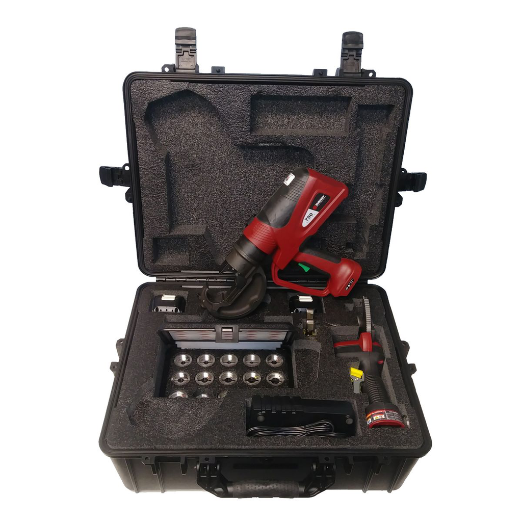 Product image for Burndy PATRIOTKIT4 PATRIOT® Combo Kit: PAT750 12T C-Head Crimper, U-Die Kit for CU, PATCUT1500 CU/AL Cutter, 3Ah Li-ion, AC, Lanyards, HD Hard Case