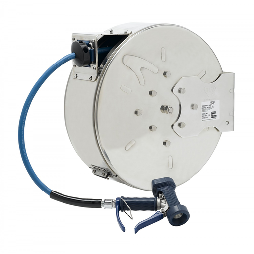 Hose Reel, Enclosed, Stainless Steel, 3/8" ID x 50' Hose, Front Trigger Water Gun