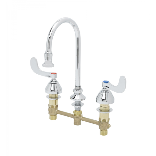 Medical Faucet, Deck Mount, 8" Centers, Swivel/Rigid GN w/Rosespray, 4" Wrist Handles