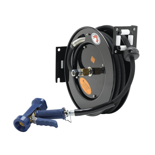 Hose Reel, Open, Powder Coated Steel, 3/8" x 35' ID Hose, Front Trigger Water Gun, Adapter