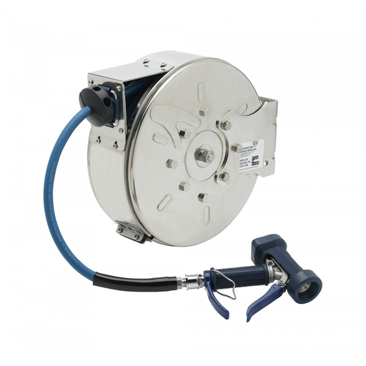 Hose Reel, Enclosed, Stainless Steel, 3/8" ID x 30' Hose, Front Trigger Water Gun