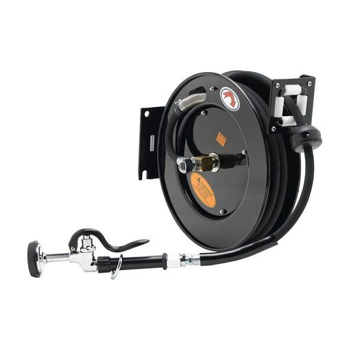 Hose Reel, Open, Powder Coated Steel, 50' x 3/8" ID Hose w/ Spray Valve & Reducing Adapter