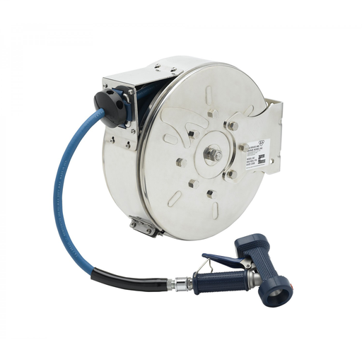 Hose Reel,Enclosed,Stainless Steel,30'Hose,3/8"ID with Rear Trigger Water Gun
