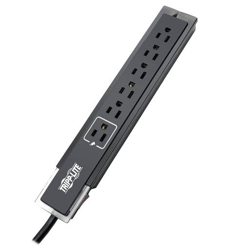 Protect It! 6-Outlet Surge Protector, 6 ft. Cord, Right-Angle Plug, Side-Mount Switch, 1440 Joules, Tel/Modem Protection, Black Housing