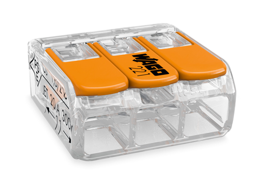 Product image for Wago 221-413/K194-4045 3-Conductor #12 AWG Push-In Lever-Nuts® Wire Splicing Connector, #24-#12 Solid/Stranded, Clear w/Orange Lever (50/Box)