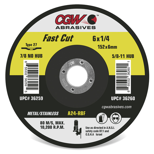 1/4" (.25) Depressed Center Grinding Wheels, Type 27 and 28 - Type 27, FAST CUT A24N - Size 4-1/2 x 1/4 x 7/8 - Grit T27