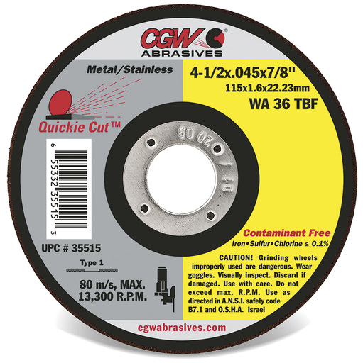 Contaminant-Free Cut-Off Wheels, Type 1 and 27 - WA36-T-RIGID, Type 1 - Size 4-1/2 x .045 x 7/8