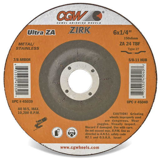 1/4" (.25, 6.4mm) Depressed Center Grinding Wheels, Type 27 - ZA24T - METAL/STAINLESS - Size 4 x 1/4 x 5/8
