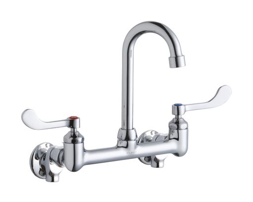 Elkay Scrub/Handwash 8" Centerset Wall Mount Faucet with 4" Gooseneck Spout 4in Wristblade Hndle 1/2 Offset Inlets+Stop