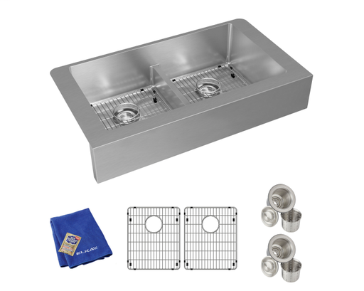Elkay Crosstown 18 Gauge Stainless Steel 35-7/8" x 20-1/4" x 9", Equal Double Bowl Farmhouse Sink Kit with Aqua Divide