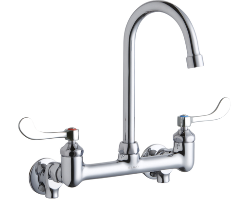 Elkay Scrub/Handwash 8" Centerset Wall Mount Faucet with 5" Gooseneck Spout 4in Wristblade Hndle 1/2 Offset Inlets+Stop