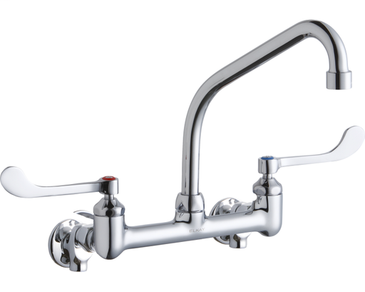 Elkay Foodservice 8" Centerset Wall Mount Faucet with 8" High Arc Spout 6in Wristblade Handles 1/2 Offset Inlets+Stop