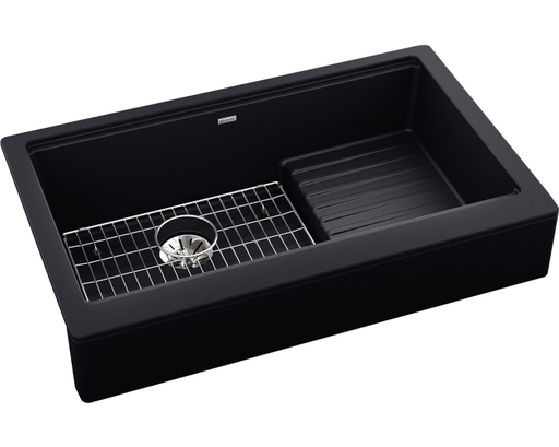 Ferguson Exclusive Elkay Quartz Luxe 35-7/8" x 22-1/2" x 9-1/2" Single Bowl Farmhouse Sink w/Drainboard+Perfect Drain, Caviar
