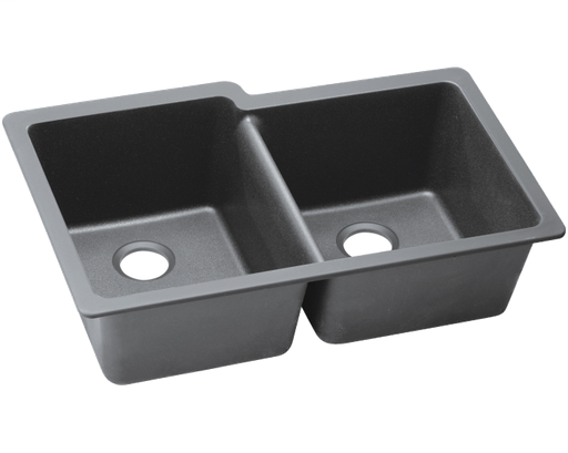 Elkay Quartz Classic 33" x 20-1/2" x 9-1/2", Offset Double Bowl Undermount Sink, Greystone