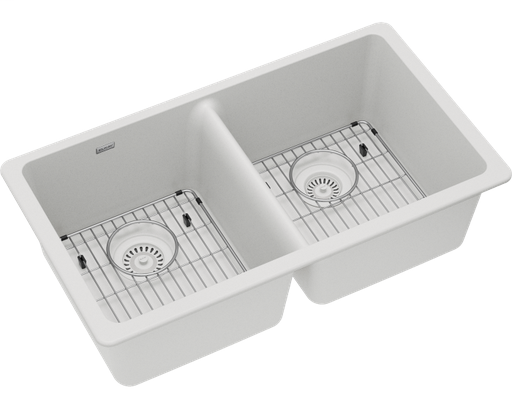 Elkay Quartz Classic 33" x 18-1/2" x 9-1/2", Equal Double Bowl Undermount Sink Kit, White
