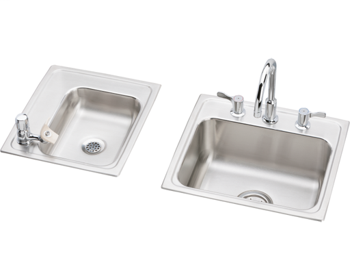 Elkay Lustertone Classic Stainless Steel 34" x 17" x 7-5/8", Double Bowl Drop-in Classroom Sink+Faucet/Bubbler Kit