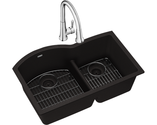 Elkay Quartz Classic 33" x 22" x 10", Offset 60/40 Double Bowl Undermount Sink Kit with Faucet with Aqua Divide, Black
