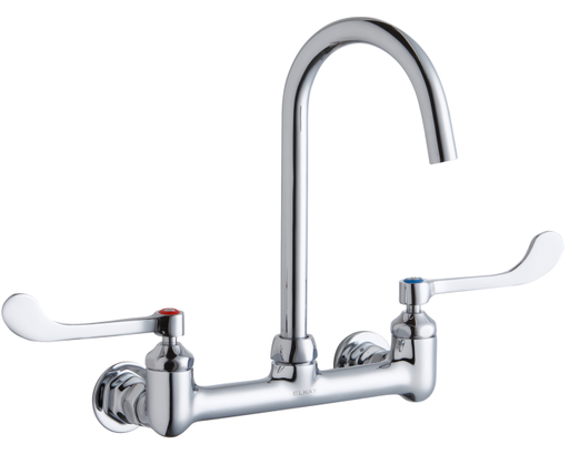 Elkay 8" Centerset Deck Mount Laminar Flow Faucet with 5" Gooseneck Spout 6" Wristblade Handles 1/2in Offset Inlets