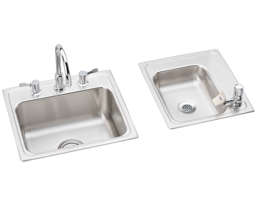 Elkay Lustertone Classic Stainless Steel 34" x 17" x 7-5/8", Double Bowl Drop-in Classroom Sink+Faucet/Bubbler Kit