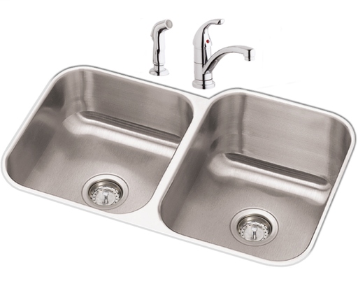 Dayton Stainless Steel 31-3/4" x 20-1/2" x 10", Offset Double Bowl Undermount Sink and Faucet Kit