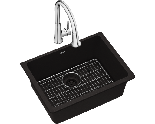 Elkay Quartz Classic 24-5/8" x 18-1/2" x 9-1/2", Single Bowl Undermount Sink Kit with Faucet, Black
