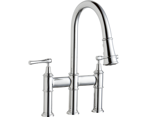 Elkay Explore Three Hole Bridge Faucet with Pull-down Spray and Lever Handles Chrome