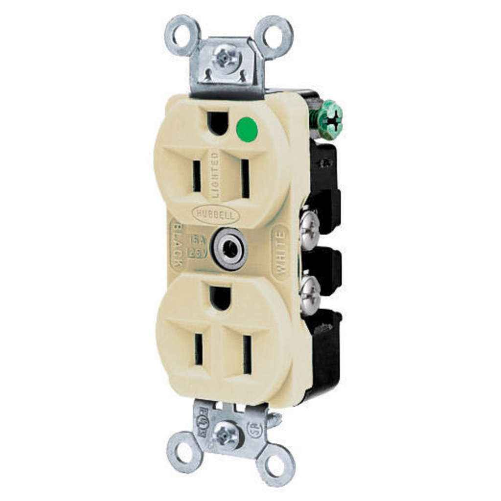 Hubbell Wiring Devices HBL8200ILI 15 Amp 125 Volt 2-Pole 3-Wire NEMA 5-15R Ivory Straight Blade Duplex Receptacle Hubbell Wiring Devices HBL8200ILI 15 Amp 125 Volt 2-Pole 3-Wire NEMA 5-15R Ivory Straight Blade Duplex Receptacle