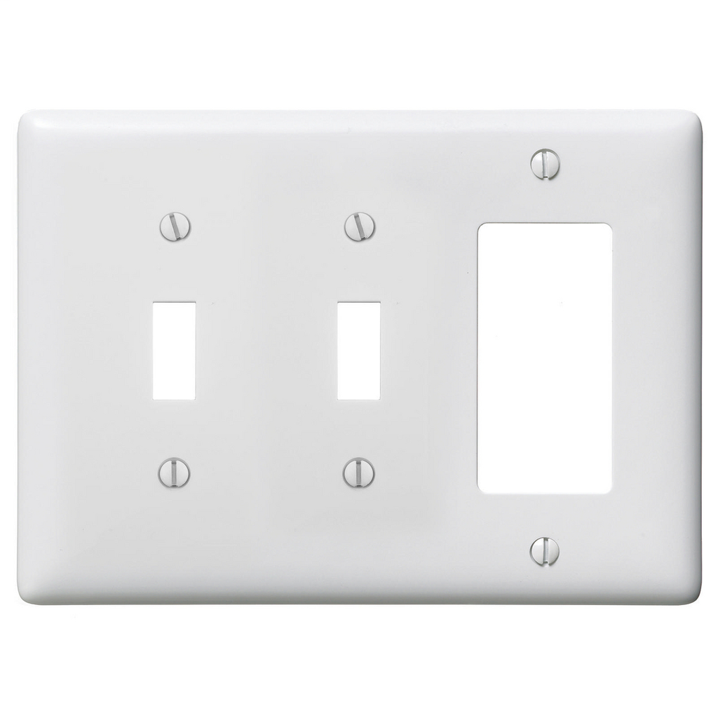 Hubbell Wiring Devices NPJ226W 3-Gang White Nylon Medium 2-Toggle 1-Decorator Switch Combination Wallplate Hubbell Wiring Devices NPJ226W 3-Gang White Nylon Medium 2-Toggle 1-Decorator Switch Combination Wallplate