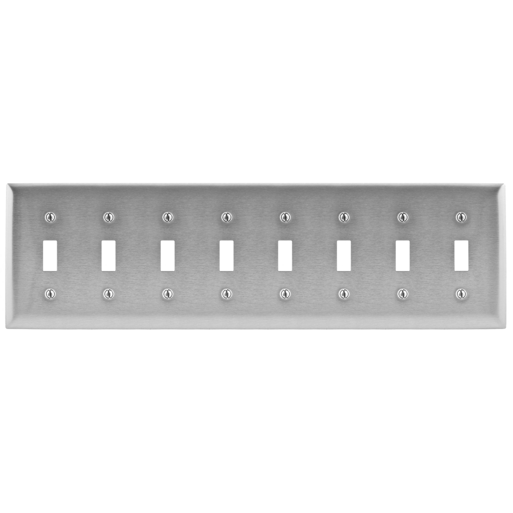 Hubbell Wiring Devices SS608 8-Gang Stainless Steel 8-Toggle Switch Strap Mount Wallplate Hubbell Wiring Devices SS608 8-Gang Stainless Steel 8-Toggle Switch Strap Mount Wallplate