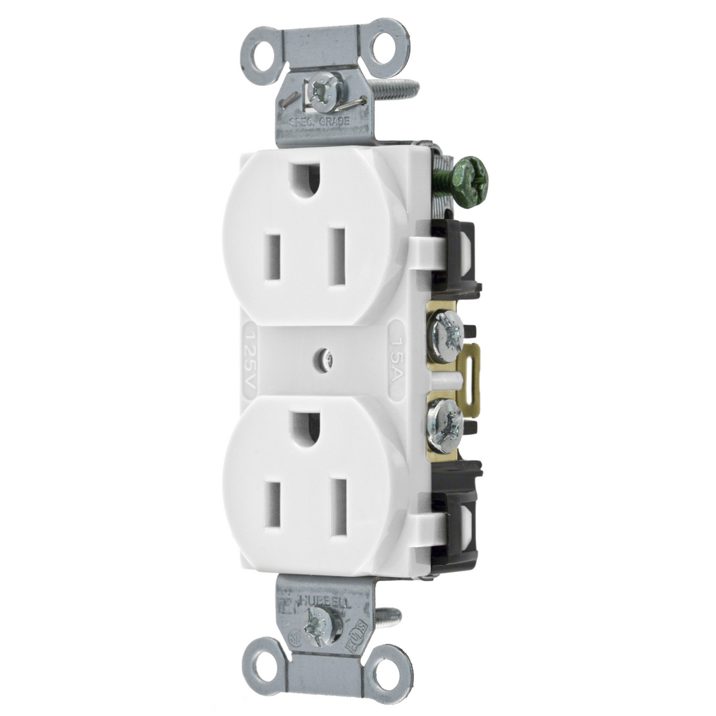 Hubbell Wiring Devices BR15WHI 15 Amp 125 Volt 2-Pole 3-Wire NEMA 5-15R White Nylon Straight Blade Duplex Receptacle Hubbell Wiring Devices BR15WHI 15 Amp 125 Volt 2-Pole 3-Wire NEMA 5-15R White Nylon Straight Blade Duplex Receptacle