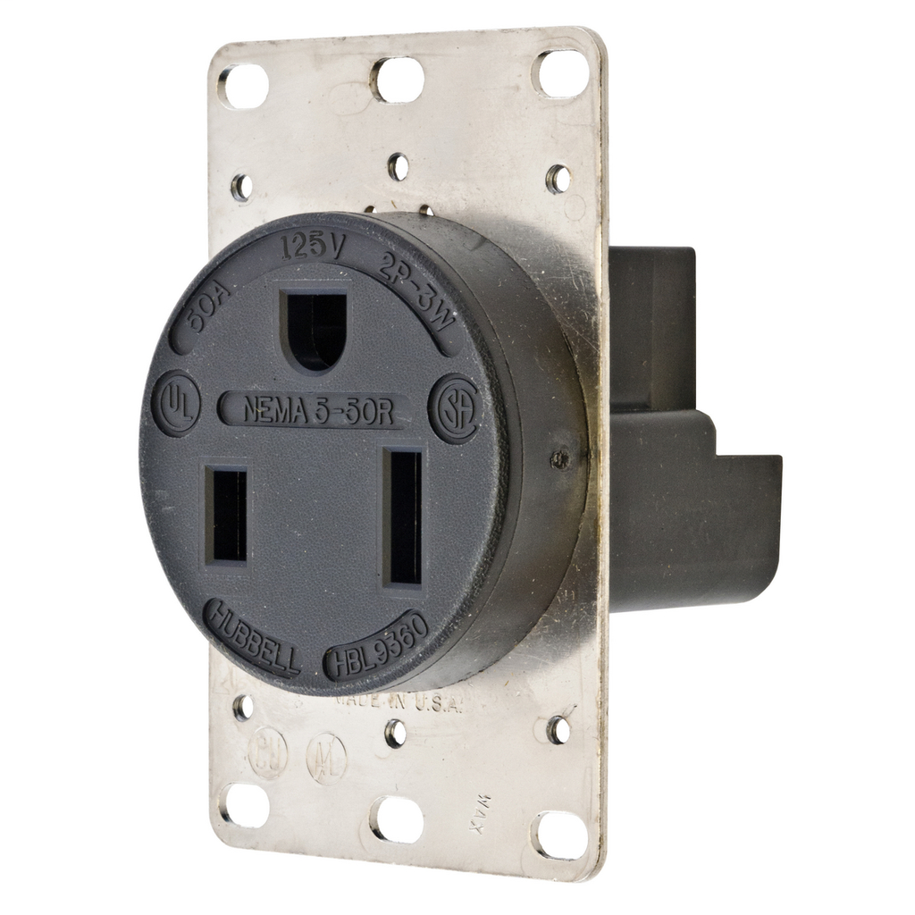 Hubbell Wiring Devices HBL9360 50 Amp 125 Volt 2-Pole 3-Wire NEMA 5-50R Black Straight Blade Receptacle Hubbell Wiring Devices HBL9360 50 Amp 125 Volt 2-Pole 3-Wire NEMA 5-50R Black Straight Blade Receptacle