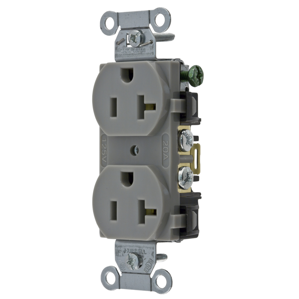 Hubbell Wiring Devices BR20GRY 20 Amp 125 Volt 2-Pole 3-Wire NEMA 5-20R Gray Nylon Straight Blade Duplex Receptacle Hubbell Wiring Devices BR20GRY 20 Amp 125 Volt 2-Pole 3-Wire NEMA 5-20R Gray Nylon Straight Blade Duplex Receptacle