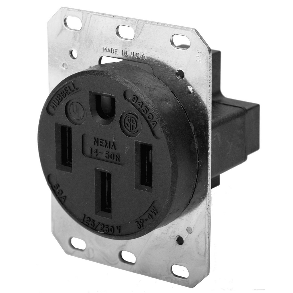 Hubbell Wiring Devices HBL9450A 50 Amp 125/250 Volt 3-Pole 4-Wire NEMA 14-50R Black Straight Blade Receptacle Hubbell Wiring Devices HBL9450A 50 Amp 125/250 Volt 3-Pole 4-Wire NEMA 14-50R Black Straight Blade Receptacle