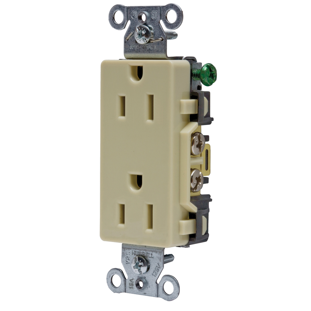 Hubbell Wiring Devices DR15I 15 Amp 125 Volt 2-Pole 3-Wire NEMA 5-15R Ivory Decorator Straight Blade Receptacle Hubbell Wiring Devices DR15I 15 Amp 125 Volt 2-Pole 3-Wire NEMA 5-15R Ivory Decorator Straight Blade Receptacle