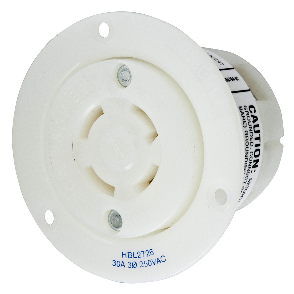 Hubbell Wiring Devices HBL2726 30 Amp 250 Volt 3-Pole 4-Wire NEMA L15-30R White Locking Flanged Receptacle Hubbell Wiring Devices HBL2726 30 Amp 250 Volt 3-Pole 4-Wire NEMA L15-30R White Locking Flanged Receptacle