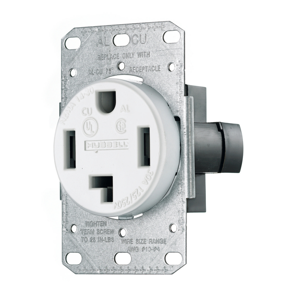 Hubbell Wiring Devices RR430FW 30 Amp 125/250 Volt 3-Pole 4-Wire NEMA 14-30R White Range and Dryer Power Receptacle Hubbell Wiring Devices RR430FW 30 Amp 125/250 Volt 3-Pole 4-Wire NEMA 14-30R White Range and Dryer Power Receptacle