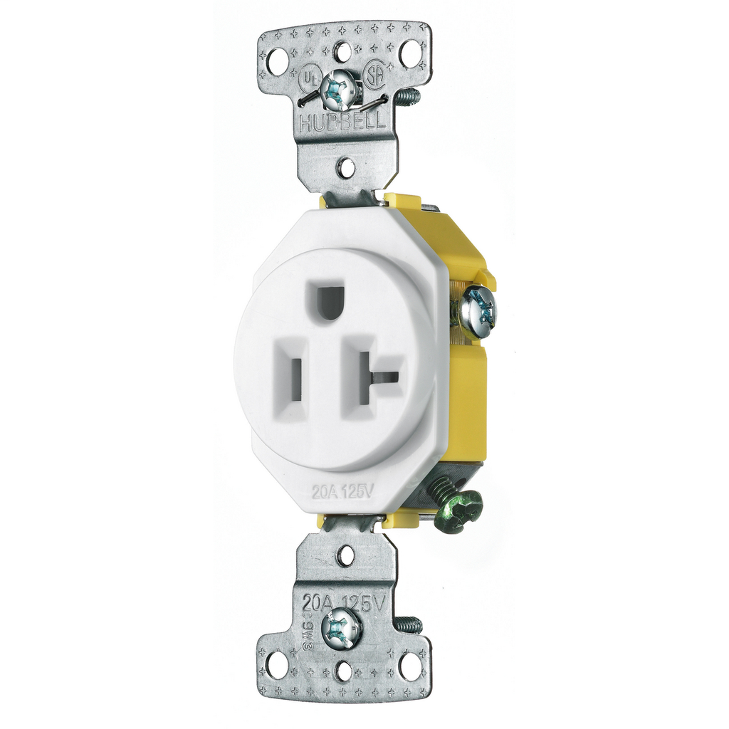 Hubbell Wiring Devices RR201W 20 Amp 125 Volt 2-Pole 3-Wire NEMA 5-20R White Single Receptacle Hubbell Wiring Devices RR201W 20 Amp 125 Volt 2-Pole 3-Wire NEMA 5-20R White Single Receptacle