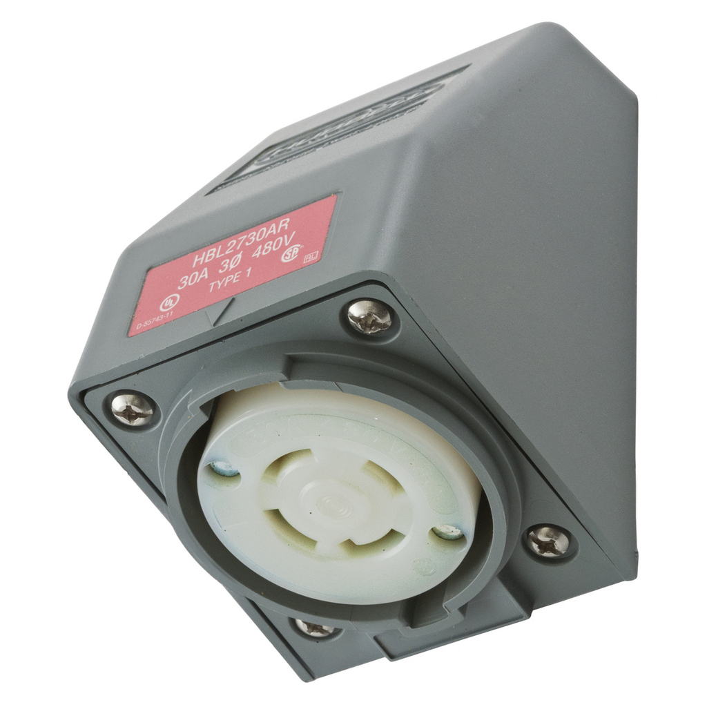 Hubbell Wiring Devices HBL2730AR 30 Amp 480 Volt 3-Pole 4-Wire NEMA L16-30R Gray Angle Housing Locking Receptacle Hubbell Wiring Devices HBL2730AR 30 Amp 480 Volt 3-Pole 4-Wire NEMA L16-30R Gray Angle Housing Locking Receptacle