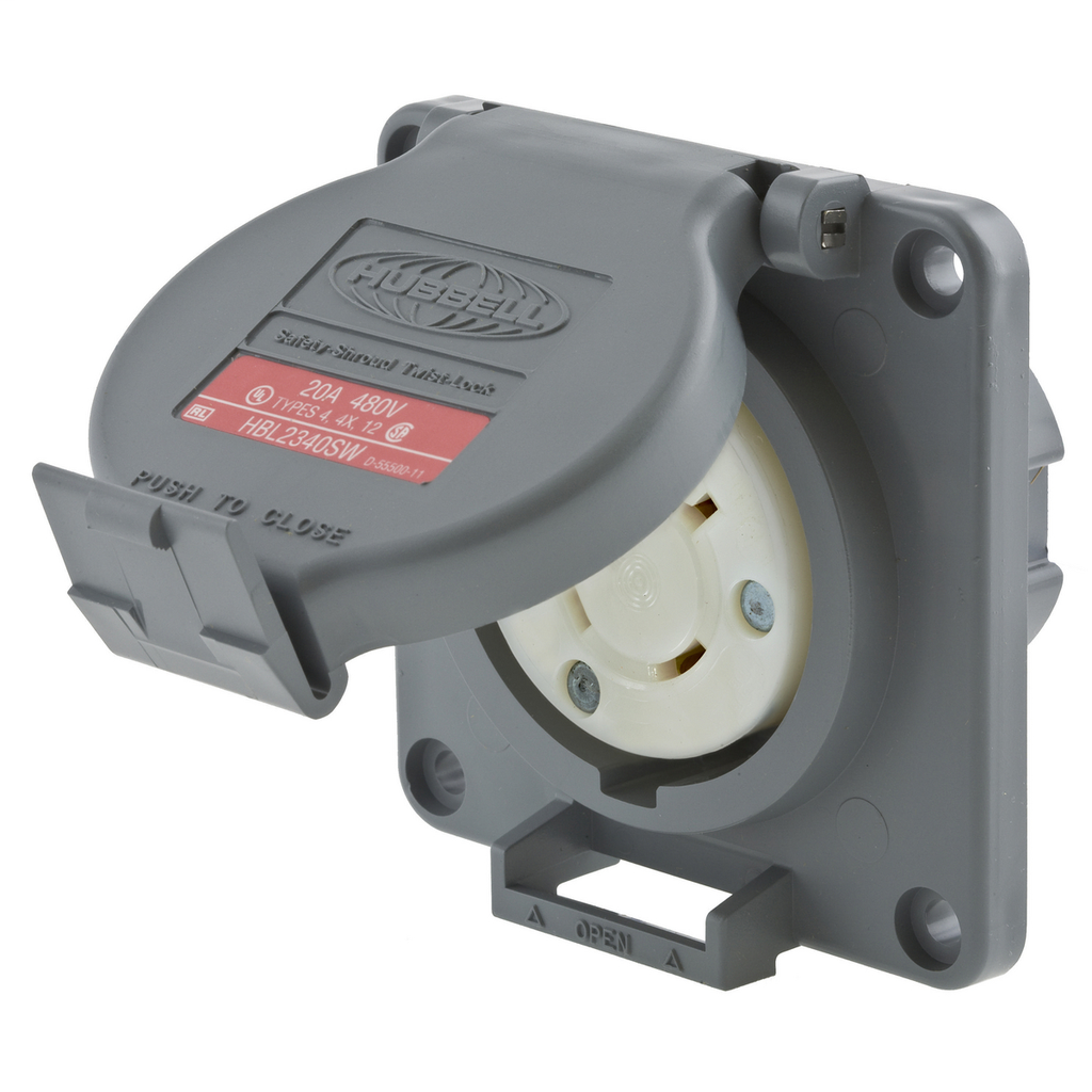 Hubbell Wiring Devices HBL2340SW Watertight Safety-Shroud 20 Amp 480 Volt Gray L8-20R Locking Device Receptacle Hubbell Wiring Devices HBL2340SW Watertight Safety-Shroud 20 Amp 480 Volt Gray L8-20R Locking Device Receptacle