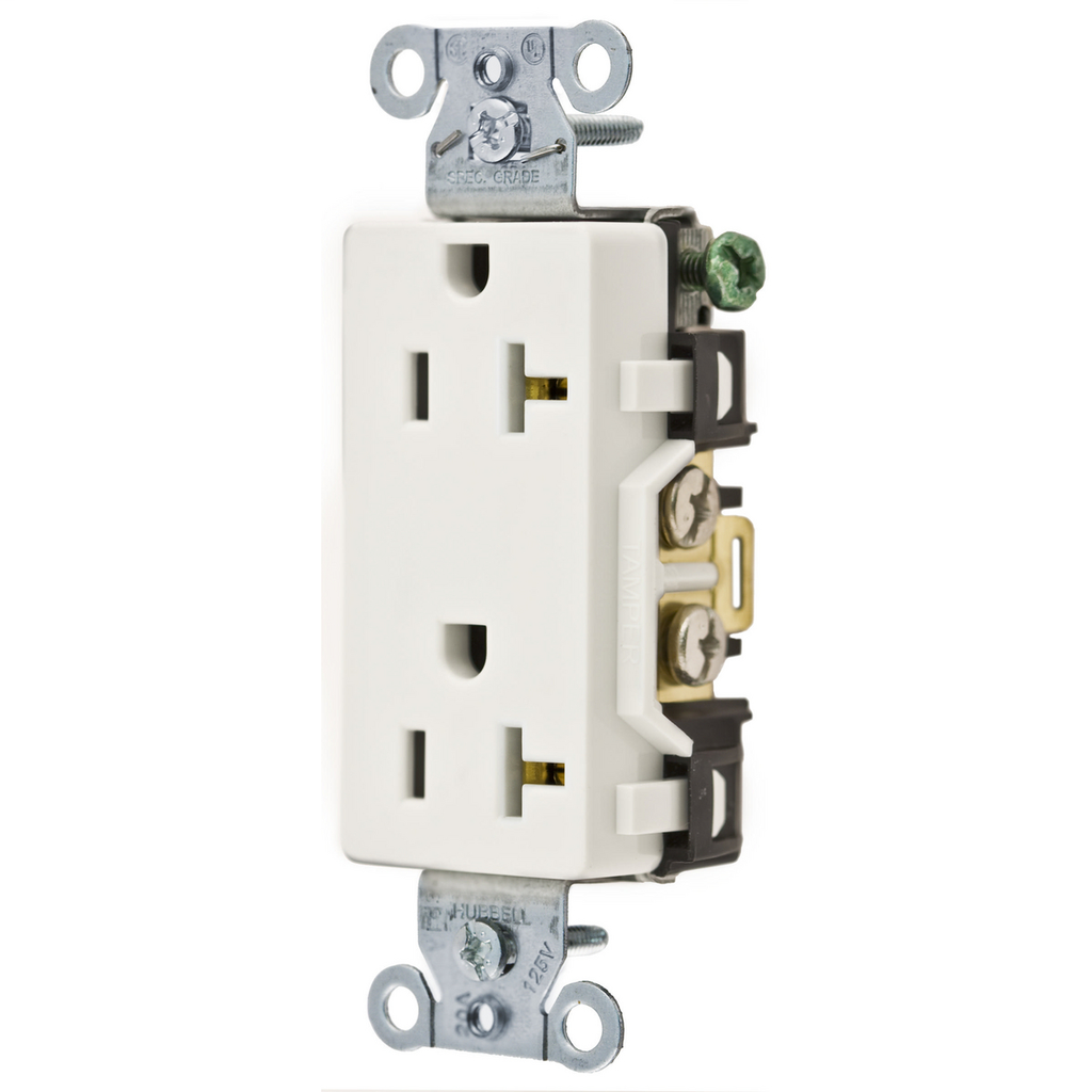 Hubbell Wiring Devices DR20WHI 20 Amp 125 Volt 2-Pole 3-Wire NEMA 5-20R White Decorator Straight Blade Receptacle Hubbell Wiring Devices DR20WHI 20 Amp 125 Volt 2-Pole 3-Wire NEMA 5-20R White Decorator Straight Blade Receptacle